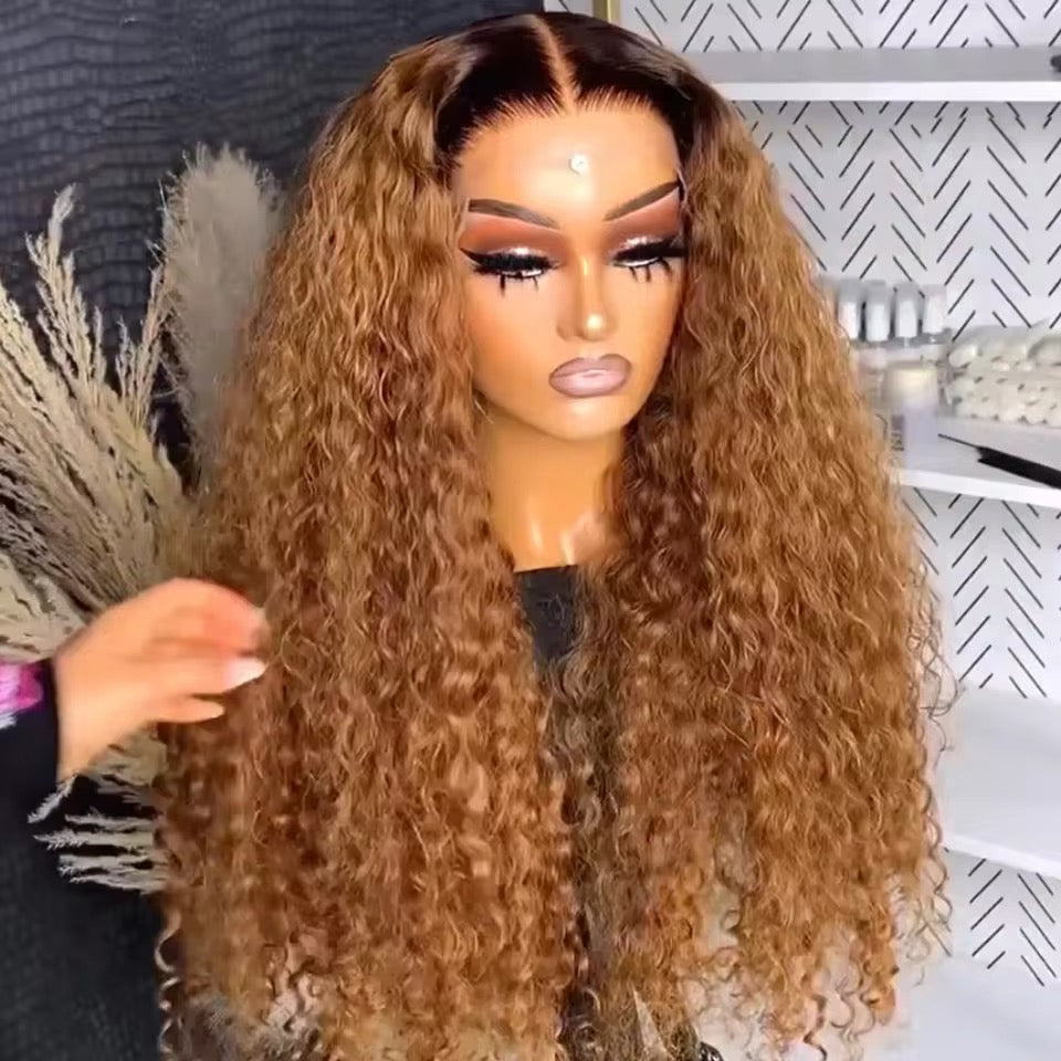 T Part Water wave Wig Dark Root Ombre Honey Blonde 24”